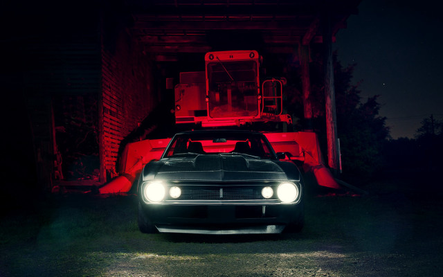 Car red tractor night headlights free wallpaper for desktop - medium preview image