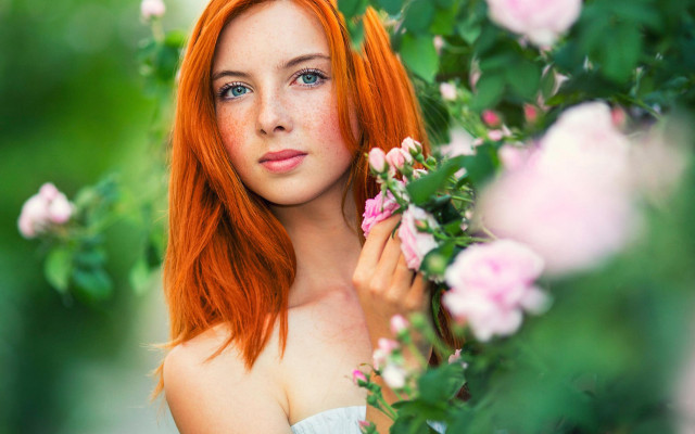 Red haired woman flower portrait free wallpaper for desktop - medium preview image
