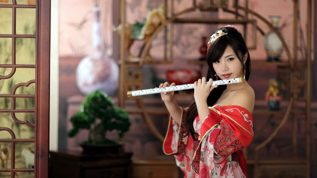 Woman red dress flute smile free wallpaper for desktop - medium preview image