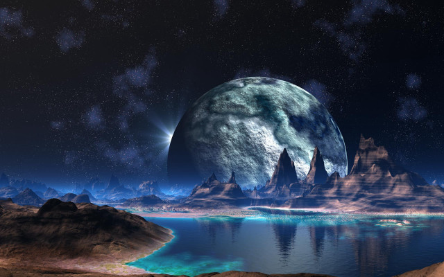 Planet mountains lake space art free wallpaper for desktop - medium preview image