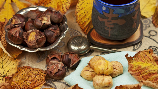 Nuts coffee leaves spoon autumn free wallpaper for desktop - medium preview image