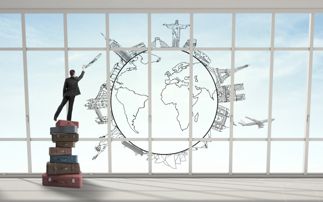 Man luggage window plane illustration #2 free wallpaper for desktop - medium preview image