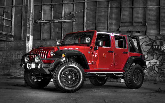 Red jeep graffiti building open free wallpaper for desktop - medium preview image
