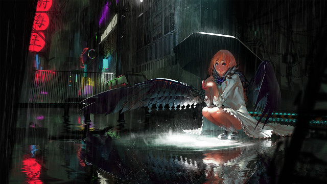 Woman bench rain umbrella city free wallpaper for desktop - medium preview image