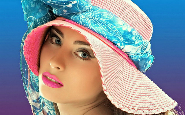 Woman pinkbluehat pinkribbon fauvism photorealistic free wallpaper for desktop - medium preview image