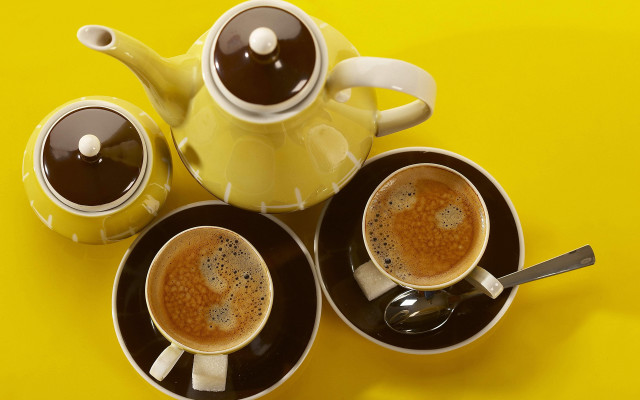 Yellow teapot coffee cups spoon free wallpaper for desktop - medium preview image