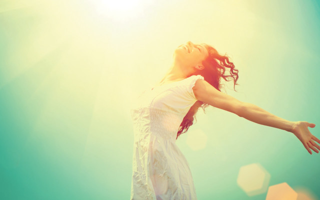 Woman sky reaching sunlight redhair free wallpaper for desktop - medium preview image