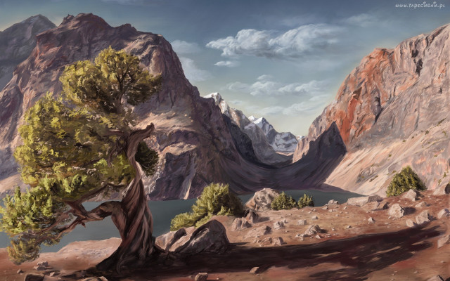 Mountain scene tree lake clouds free wallpaper for desktop - medium preview image