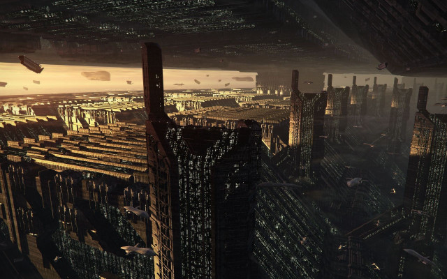 Futuristic city tall buildings lights free wallpaper for desktop - medium preview image
