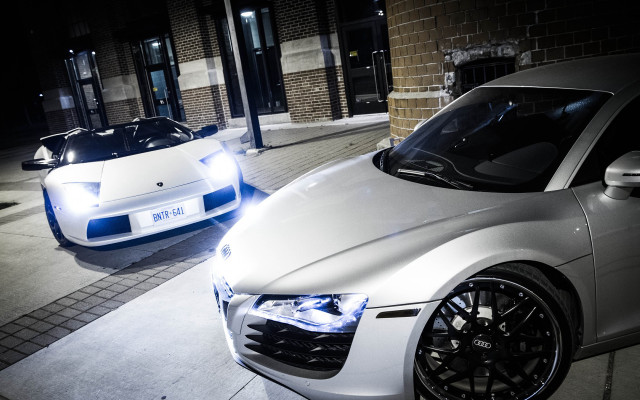 White sports cars night cityscape free wallpaper for desktop - medium preview image