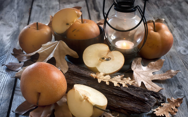 Candle apples leaves wooden table free wallpaper for desktop - medium preview image