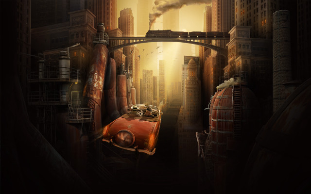 City train bridge car dieselpunk free wallpaper for desktop - medium preview image
