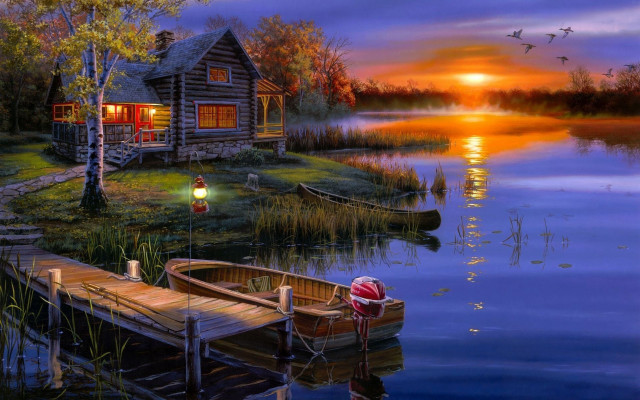 Lake cabin sunset fullmoon oil free wallpaper for desktop - medium preview image