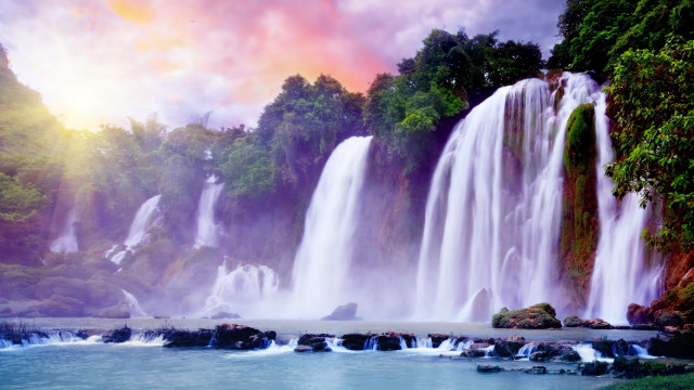 Waterfall rainbow cliff forest lake free wallpaper for desktop - medium preview image