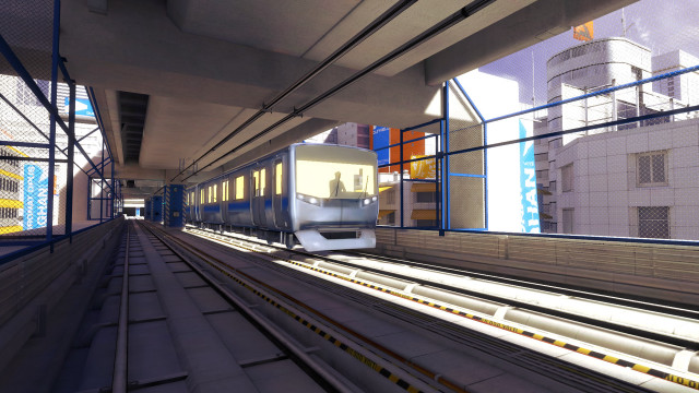 Futuristic train cityscape wooden building free wallpaper for desktop - medium preview image