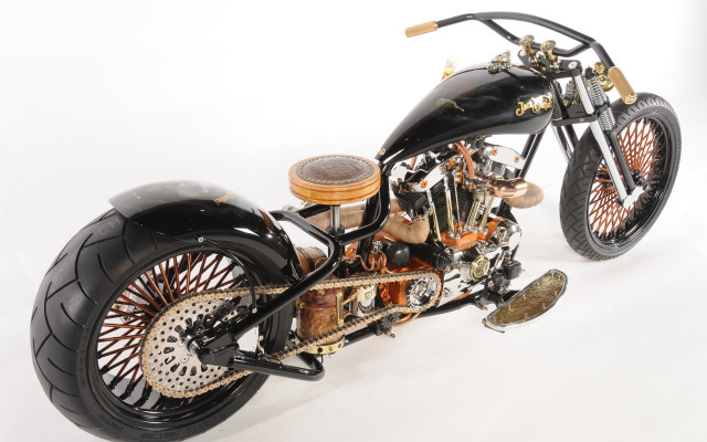 Steampunk motorcycle wooden seat sidecar free wallpaper for desktop - medium preview image
