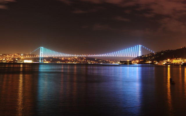 Nighttime bridge city lights water free wallpaper for desktop - medium preview image