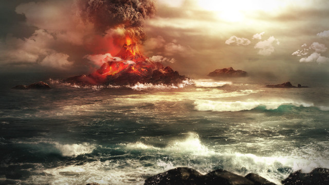 Volcano lava ocean waves boat free wallpaper for desktop - medium preview image