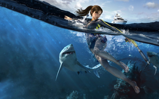 Woman bikini ocean sharks boat free wallpaper for desktop - medium preview image