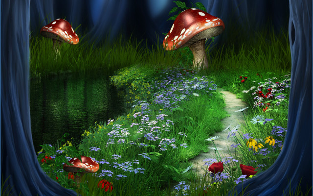 Forest mushrooms flowers stream path free wallpaper for desktop - medium preview image