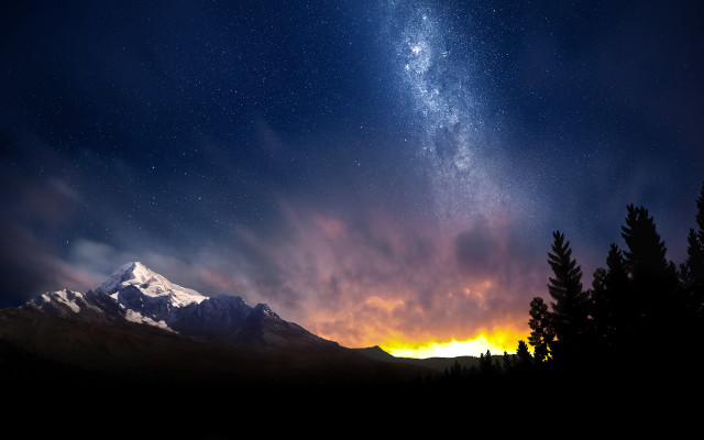 Night sky mountains trees orange free wallpaper for desktop - medium preview image