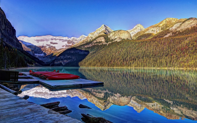 Lake dock mountains redcanoe photorealism free wallpaper for desktop - medium preview image
