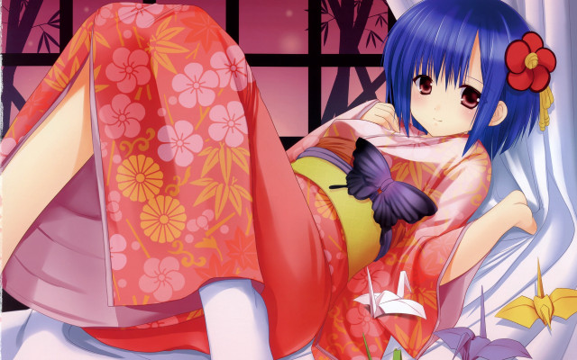 Kimono butterfly flower anime bluehair free wallpaper for desktop - medium preview image