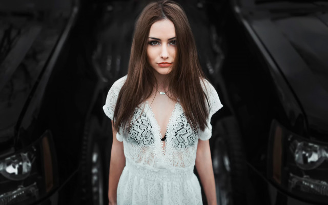 Woman blackcar portrait browneyes longhair free wallpaper for desktop - medium preview image