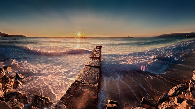 Pier sunset boat beach city free wallpaper for desktop - medium preview image