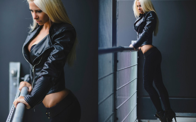 Woman leather outfit gun fashion free wallpaper for desktop - medium preview image