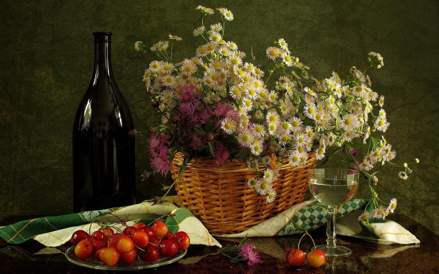 Basket flowers wine fruit vegetables free wallpaper for desktop - medium preview image