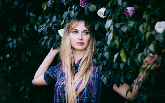 Woman blonde longhair flower bush free wallpaper for desktop - medium preview image