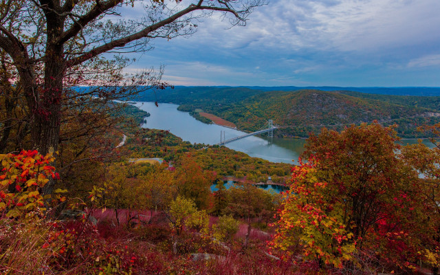 Bridge river hill trees autumn free wallpaper for desktop - medium preview image