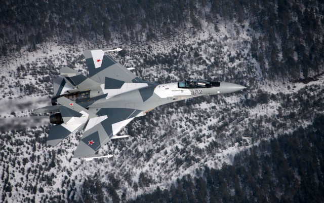 Fighter jet snowy forest backlit free wallpaper for desktop - medium preview image