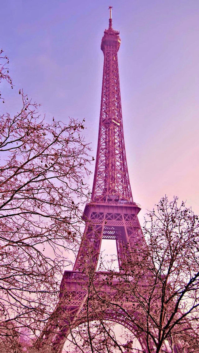 Eiffel tower pink trees flowers free wallpaper for mobile - medium preview image