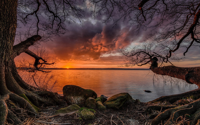 Sunset lake trees rocks mystical free wallpaper for desktop - medium preview image