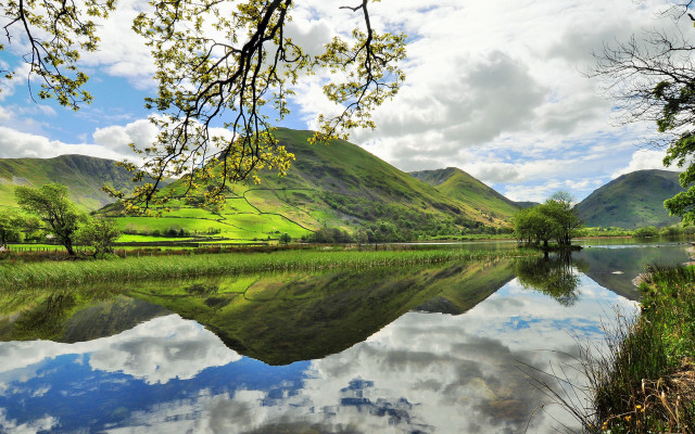 Lake mountains trees clouds reflections free wallpaper for desktop - medium preview image