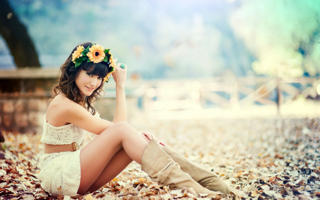 Woman flower hair boots beach free wallpaper for desktop - medium preview image
