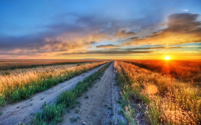 Dirt road sunset field clouds free wallpaper for desktop - medium preview image
