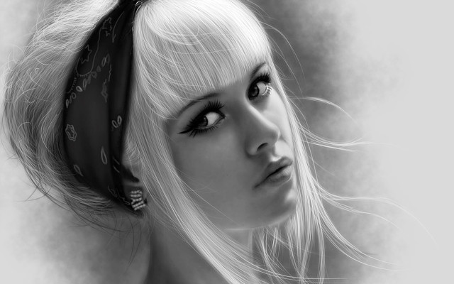 Woman bandana serious look photorealism free wallpaper for desktop - medium preview image