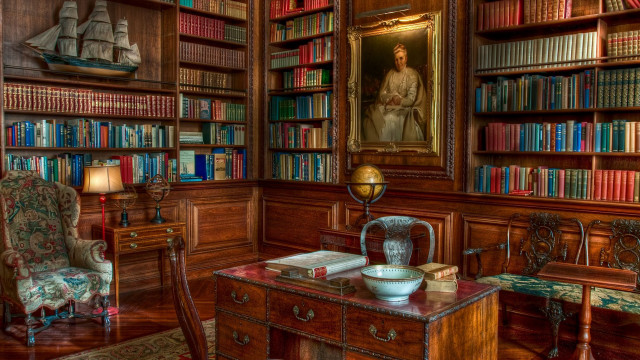 Library desk chair bookshelf painting free wallpaper for desktop - medium preview image