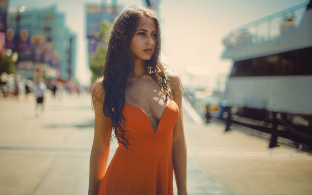 Orange dress woman city bus free wallpaper for desktop - medium preview image