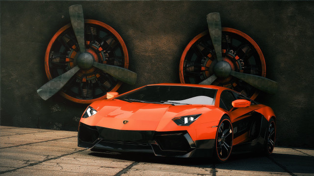 Orange sports car big wheels free wallpaper for desktop - medium preview image