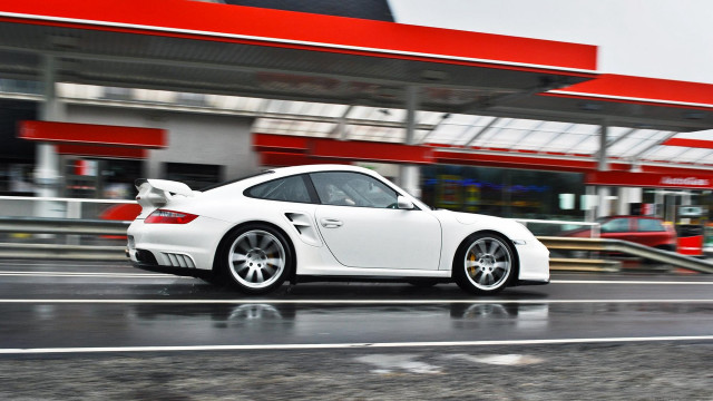 White porsche street gas station free wallpaper for desktop - medium preview image