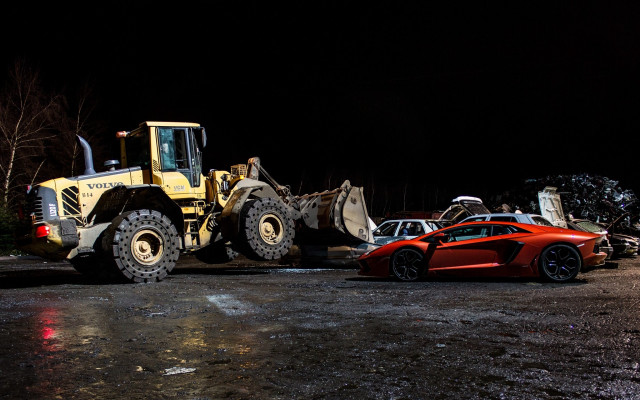 Red sports car tractor bulldozer free wallpaper for desktop - medium preview image