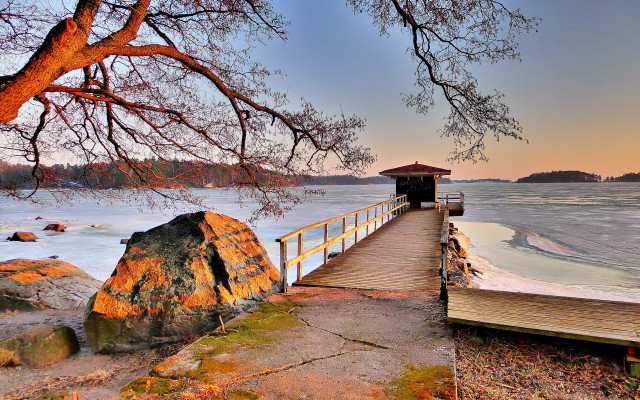 Wooden pier tree boat sunset free wallpaper for desktop - medium preview image