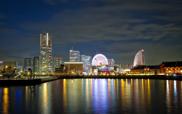 Tokyo cityscape ferriswheel night reflection free wallpaper for desktop - medium preview image