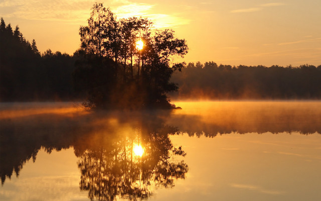 Lake tree sunset fog magic free wallpaper for desktop - medium preview image