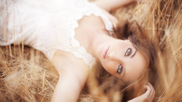 Woman hayfield white dress blowing free wallpaper for desktop - medium preview image