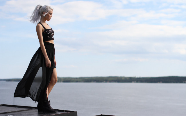 Woman dock lake black dress free wallpaper for desktop - medium preview image